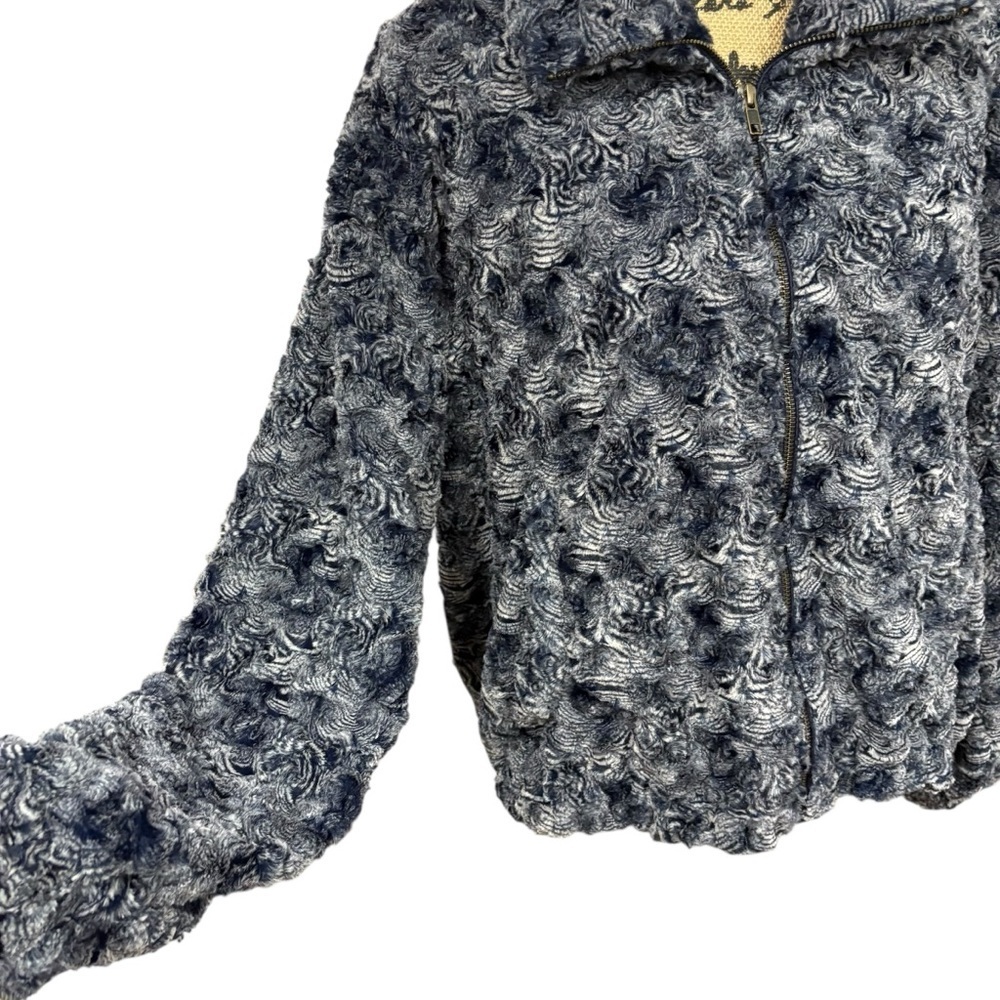 Johnny Was Rosaline Faux Fur Bomber Jacket Full Zip Silk Lined Blue Size Small - Picture 5 of 11